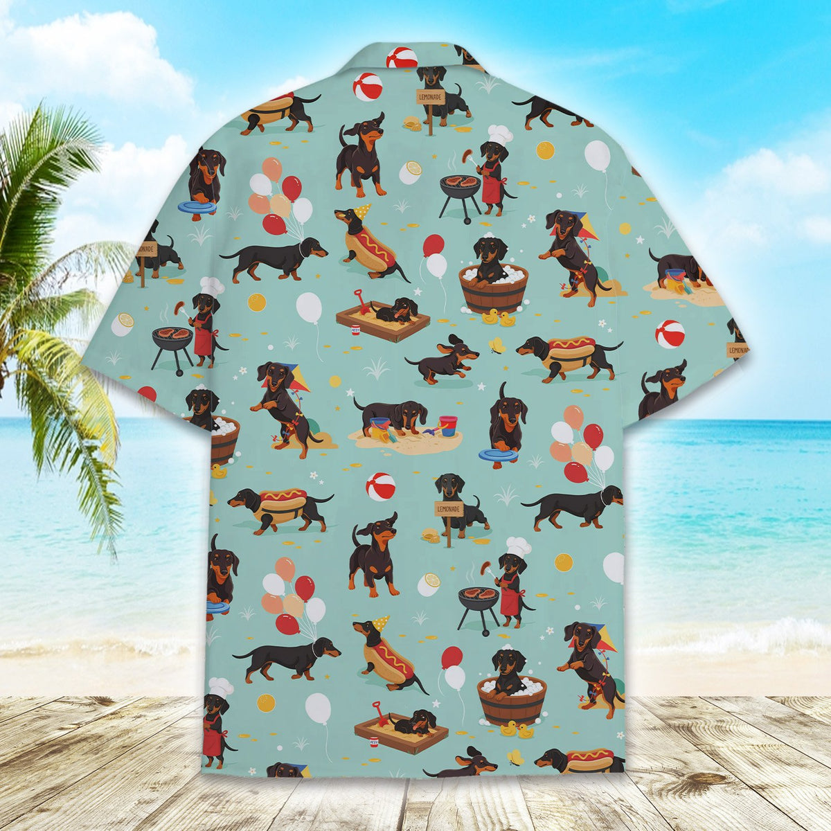 Light blue dogs hawaiian shirt featuring dachshund summer print, second back view