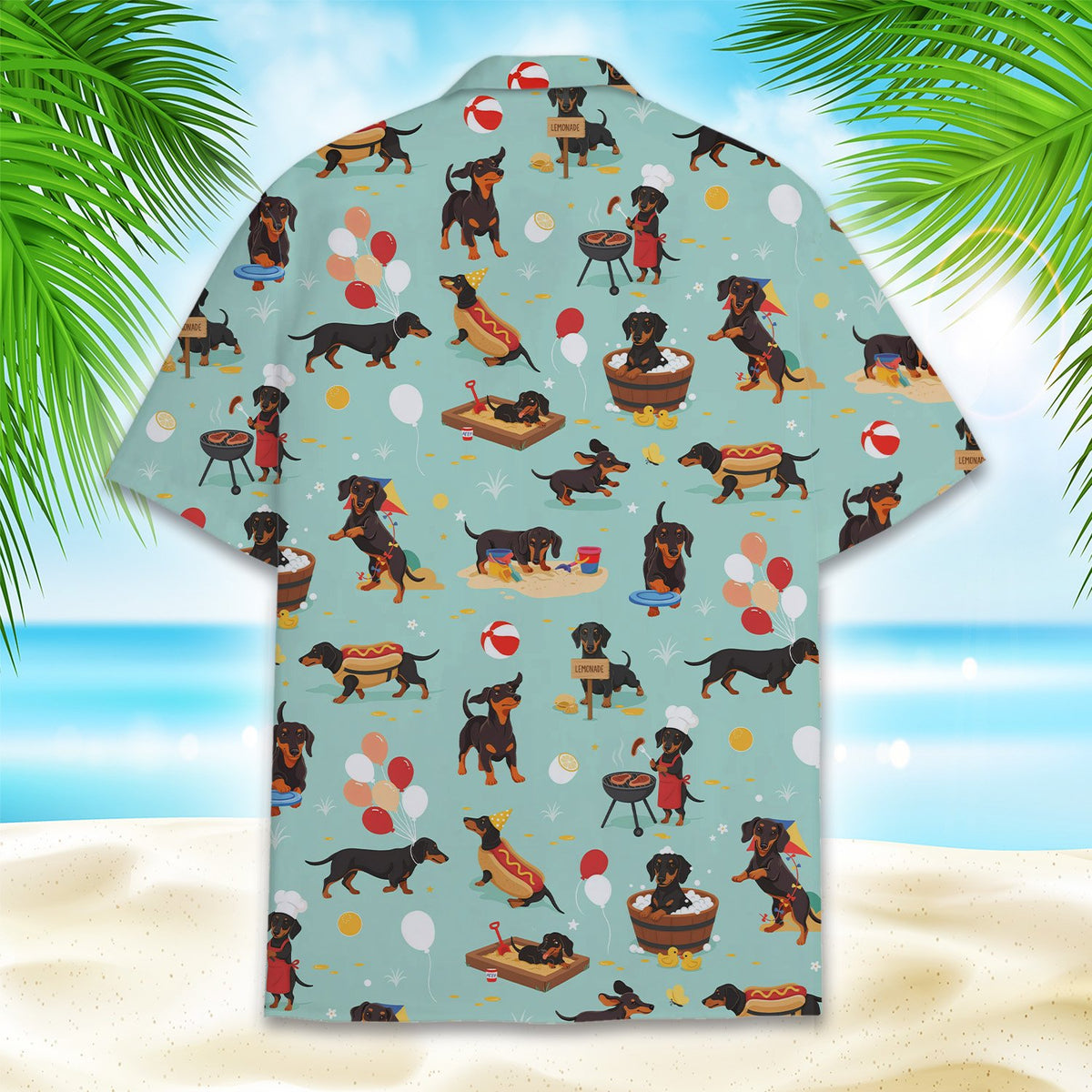 Light blue dogs hawaiian shirt featuring dachshund summer print, third back view