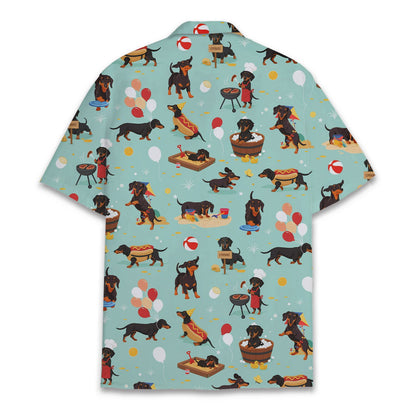 Light blue dogs hawaiian shirt featuring dachshund summer print, fourth back view