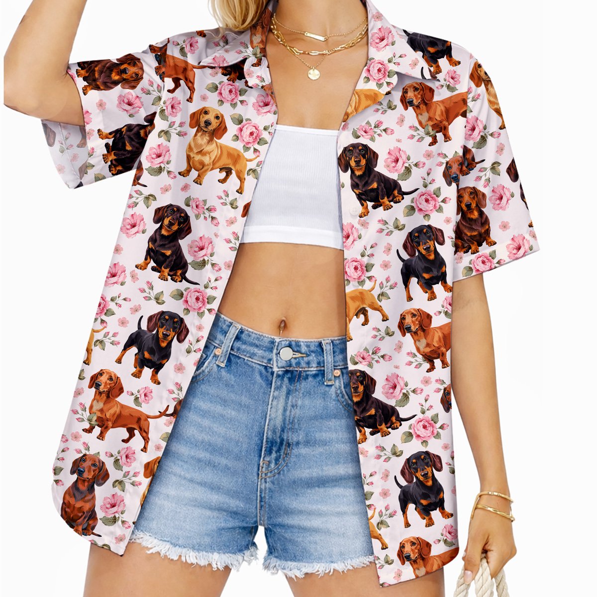 Back view of matching family hawaiian shirt featuring dogs and roses