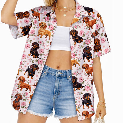 Back view of matching family hawaiian shirt featuring dogs and roses