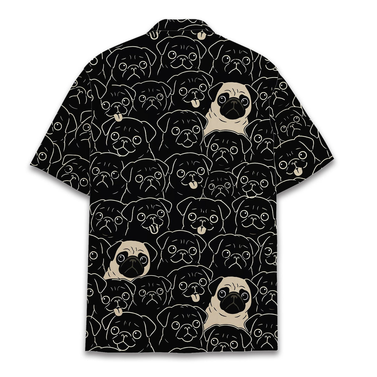 Back view of the matching family hawaiian shirt showing the pug pattern