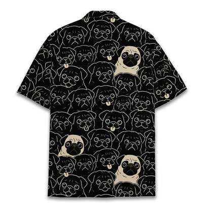 Back view of the matching family hawaiian shirt showing the pug pattern