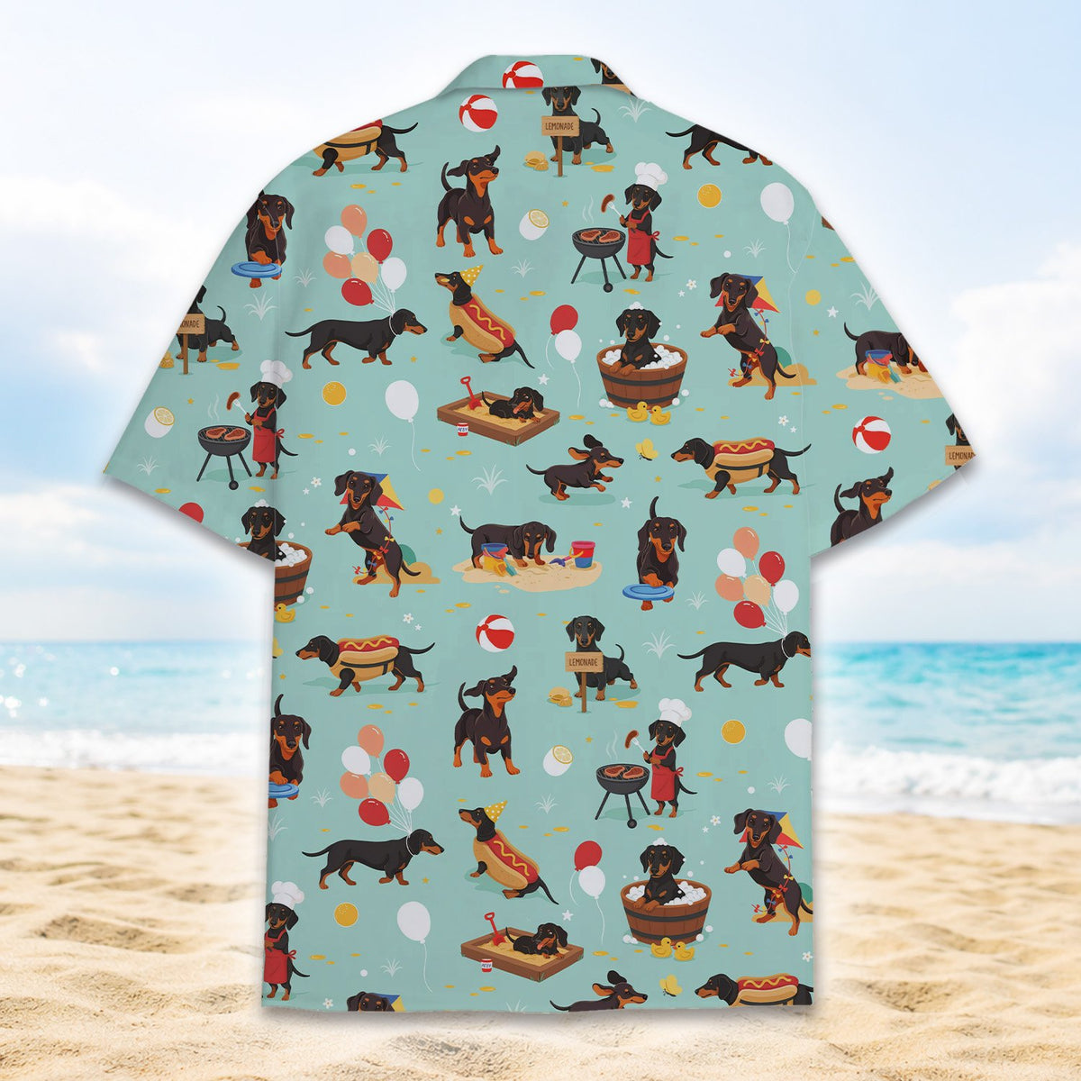 Light blue dogs hawaiian shirt featuring dachshund summer print, back view