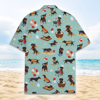 Light blue dogs hawaiian shirt featuring dachshund summer print, back view