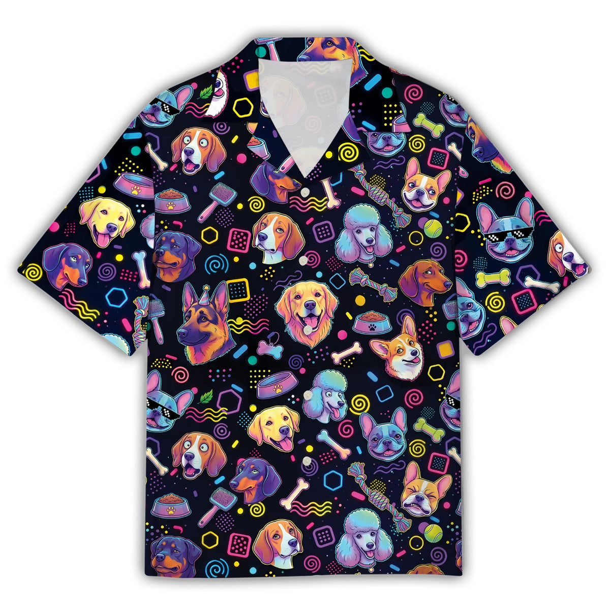 Front view of the 80s retro dogs hawaiian shirt featuring colorful dog faces and bones on a navy background
