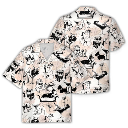 Front view of the light pink matching family hawaiian shirt featuring black and white dogs drinking martinis