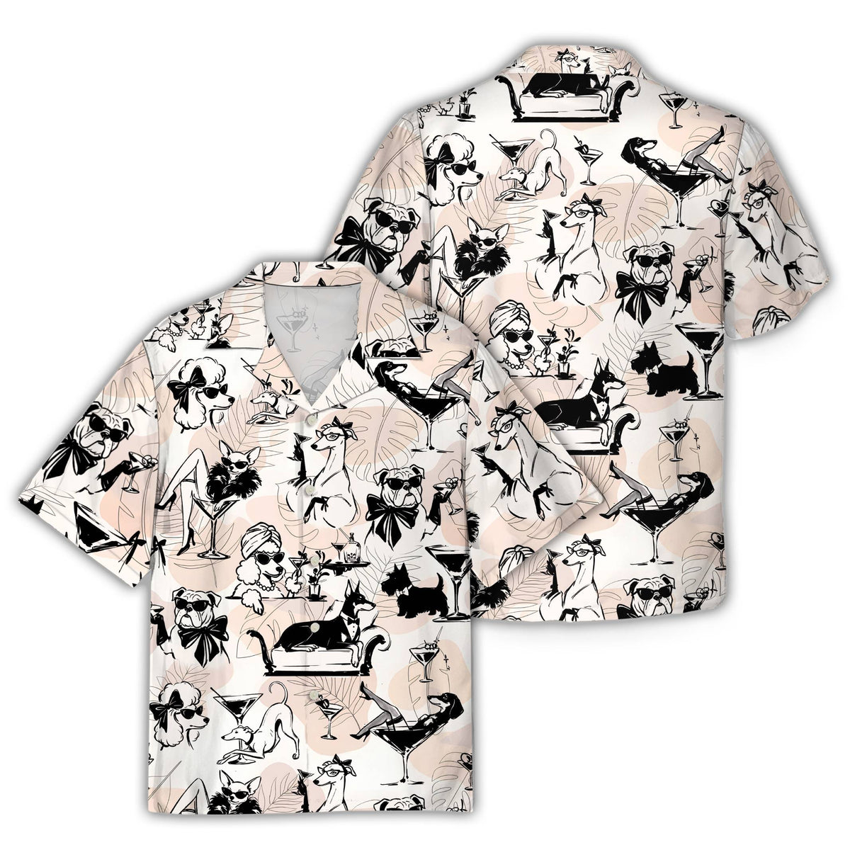 Flat front view of the light pink abstract dogs hawaiian shirt
