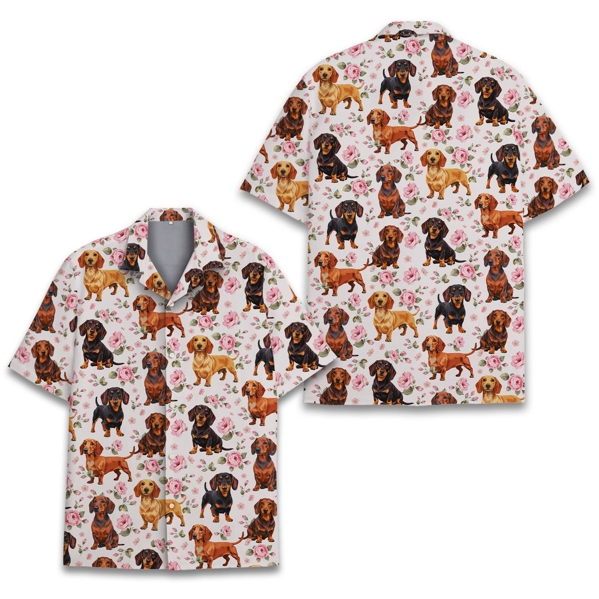 Another front view of the floral dachshund hawaiian shirt