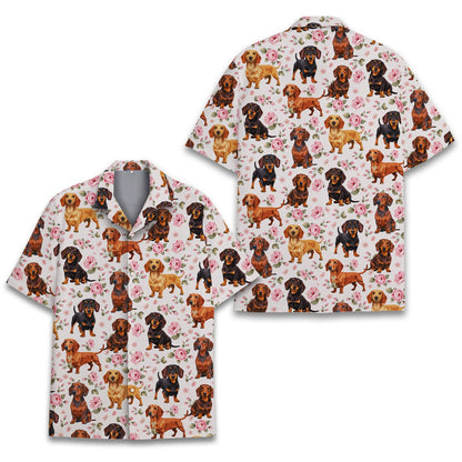Another front view of the floral dachshund hawaiian shirt
