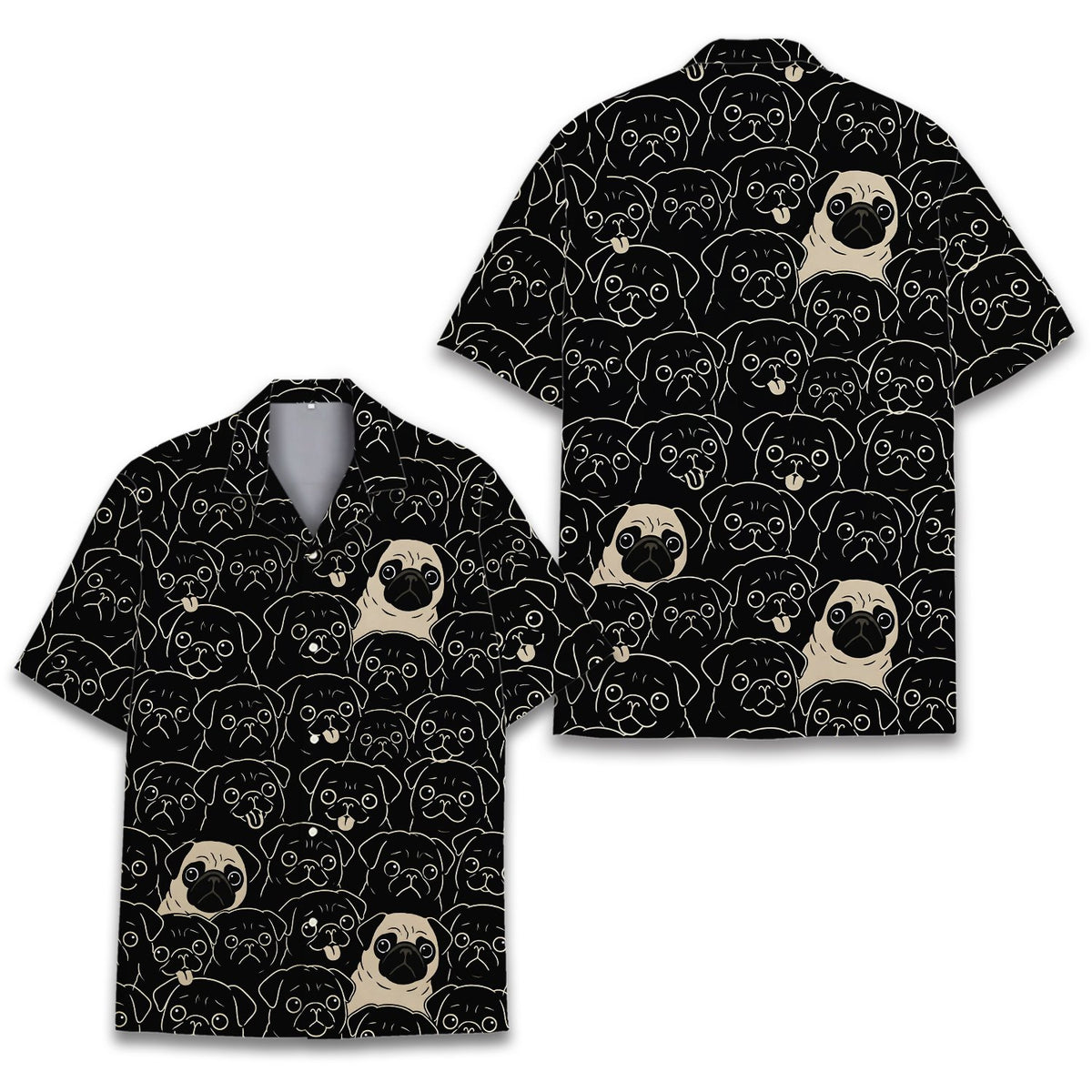 Close up front view of the pug pattern hawaiian shirt