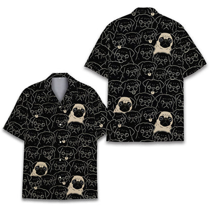 Close up front view of the pug pattern hawaiian shirt