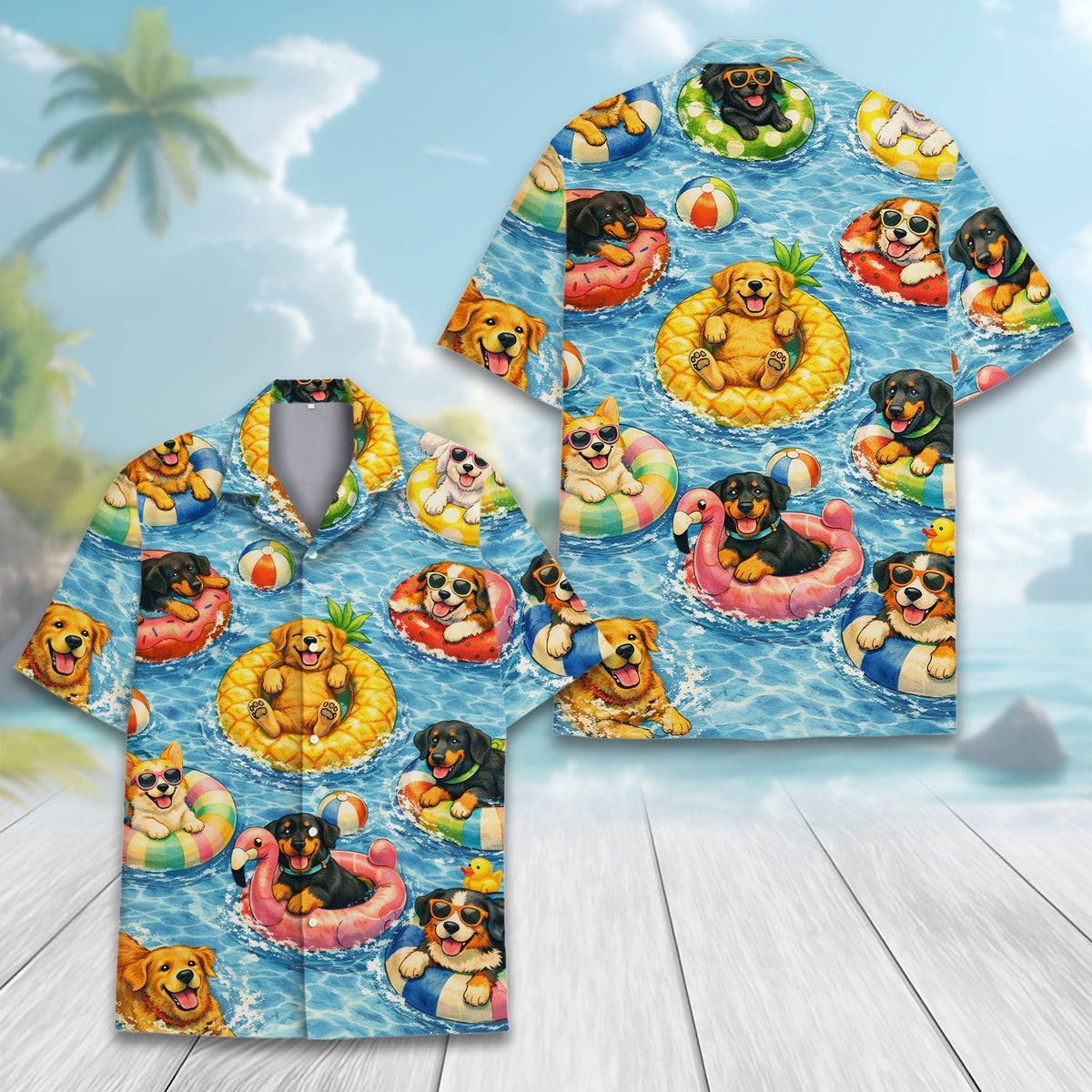 Additional front view of the matching family hawaiian shirts with dogs design
