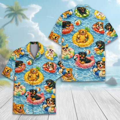 Additional front view of the matching family hawaiian shirts with dogs design