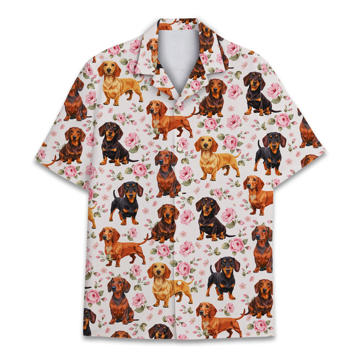 Third front view of the dog print matching family hawaiian shirt