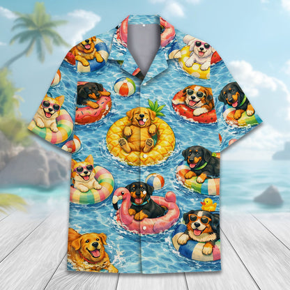 Close-up front view of the abstract hawaiian shirt with dogs on pool floats