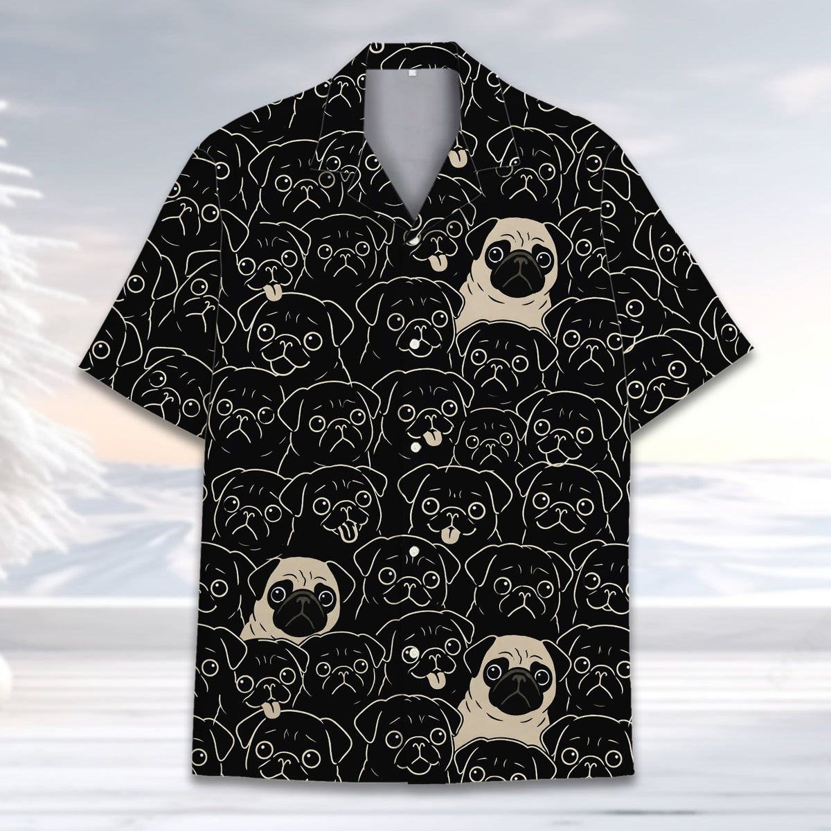 Detailed front view of the black and white pug hawaiian shirt
