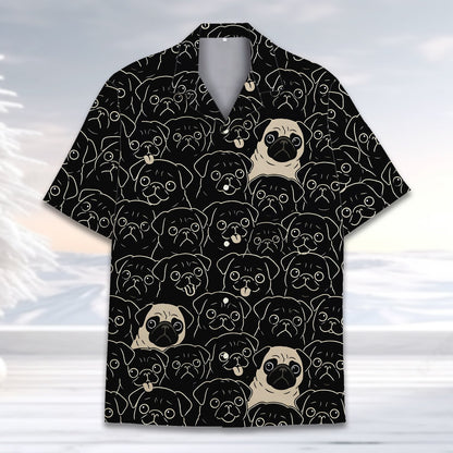 Detailed front view of the black and white pug hawaiian shirt