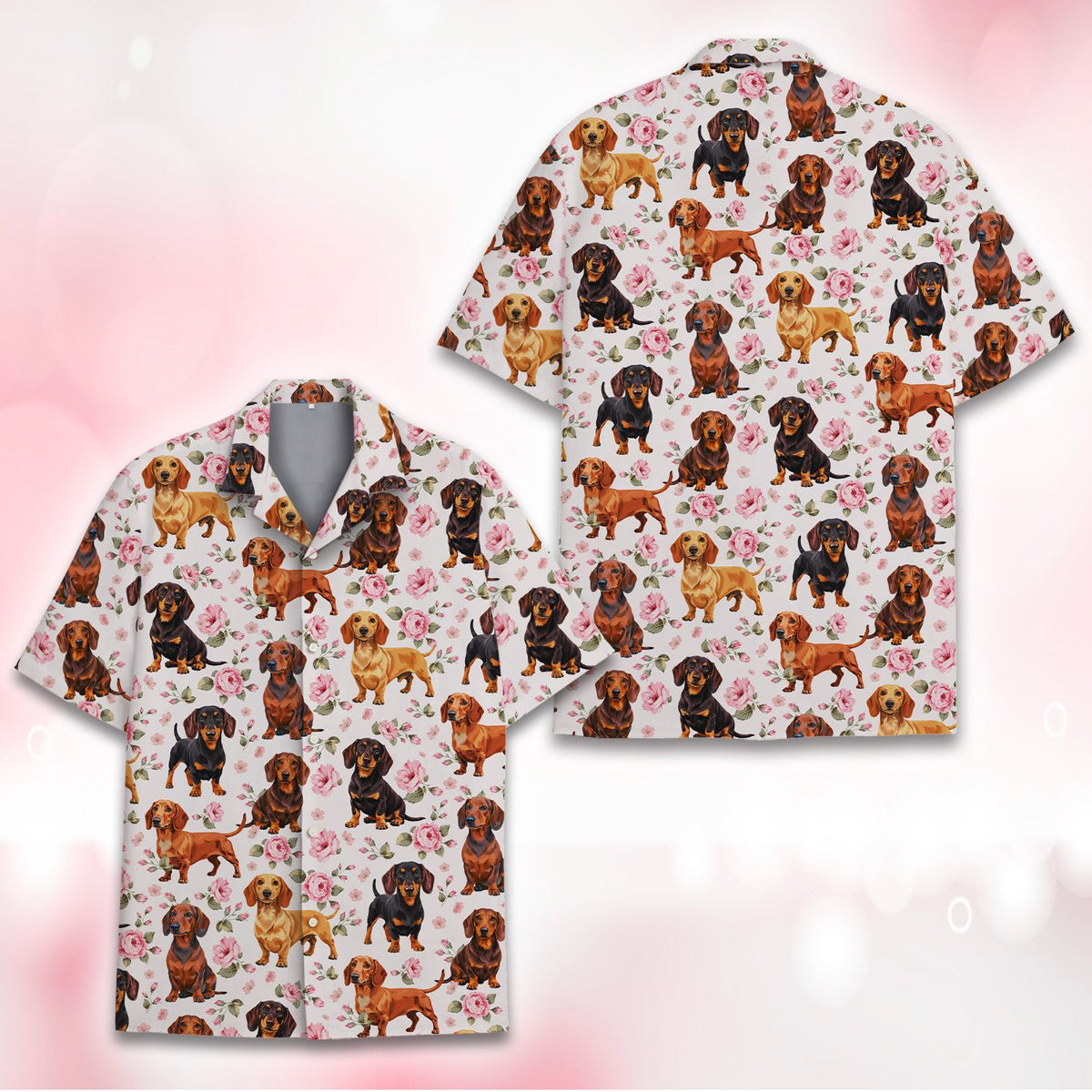 Front view of matching family hawaiian shirt with dachshund print
