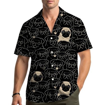 Matching family hawaiian shirt featuring an all-over pug pattern on a black background, main view