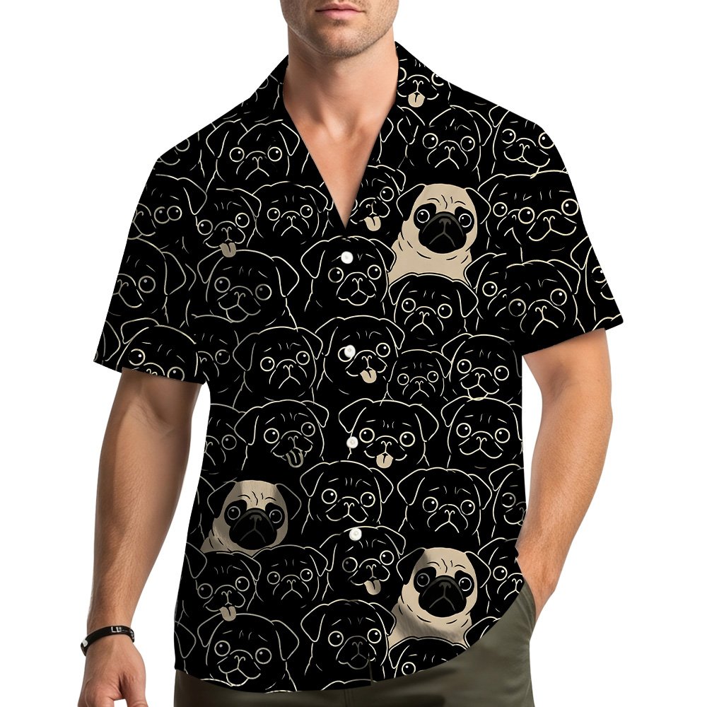 Front view of the matching family hawaiian shirt with pug faces design