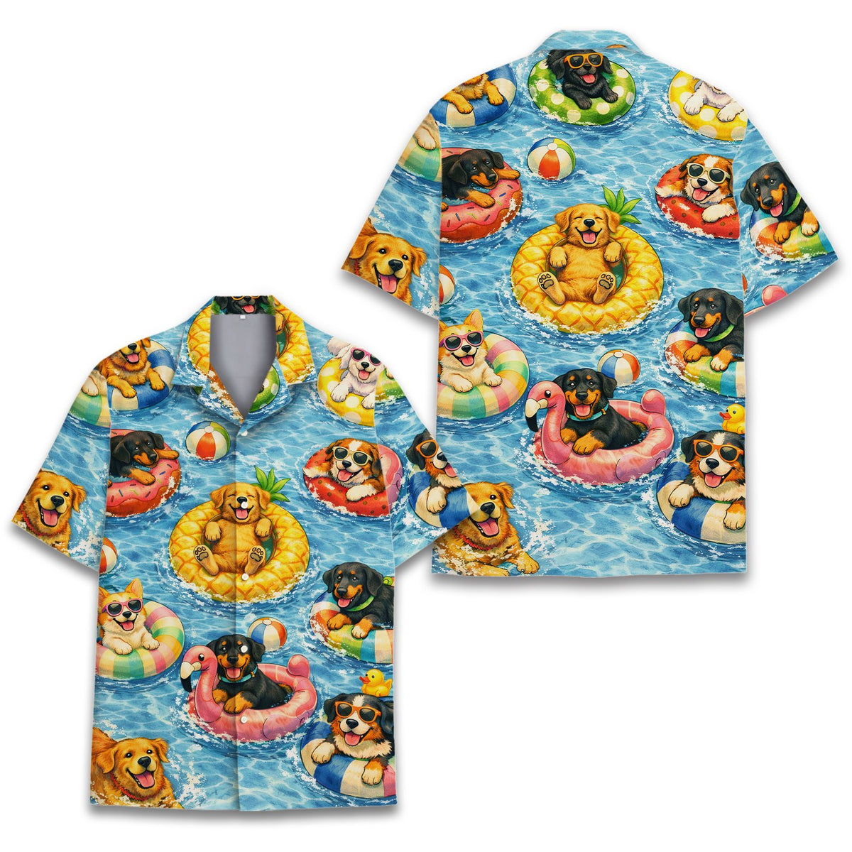 Main view of the dogs hawaiian shirt featuring an all-over print of dogs on pool floats