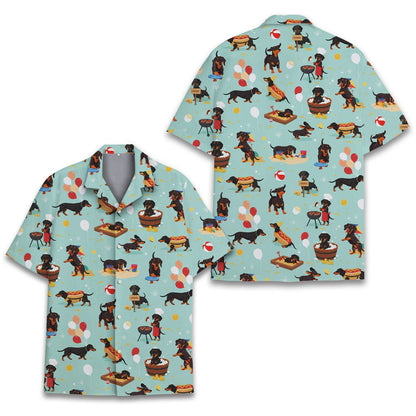 Light blue dogs hawaiian shirt featuring dachshund summer print, alternate front view