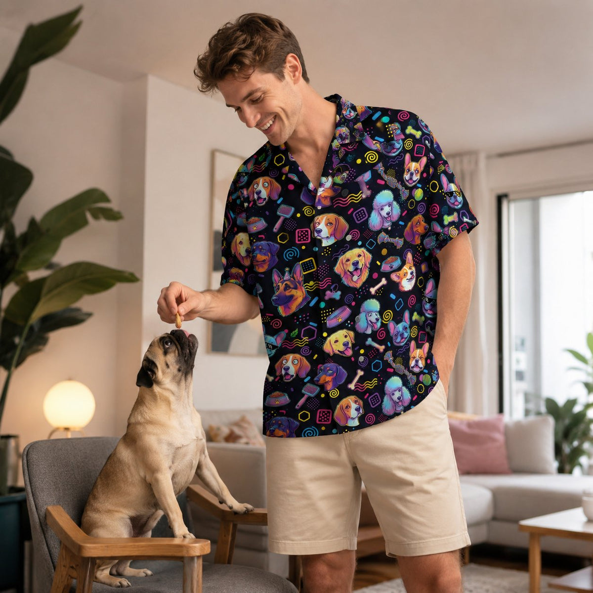 Lifestyle view of a person wearing the retro dog pattern hawaiian shirt outdoors