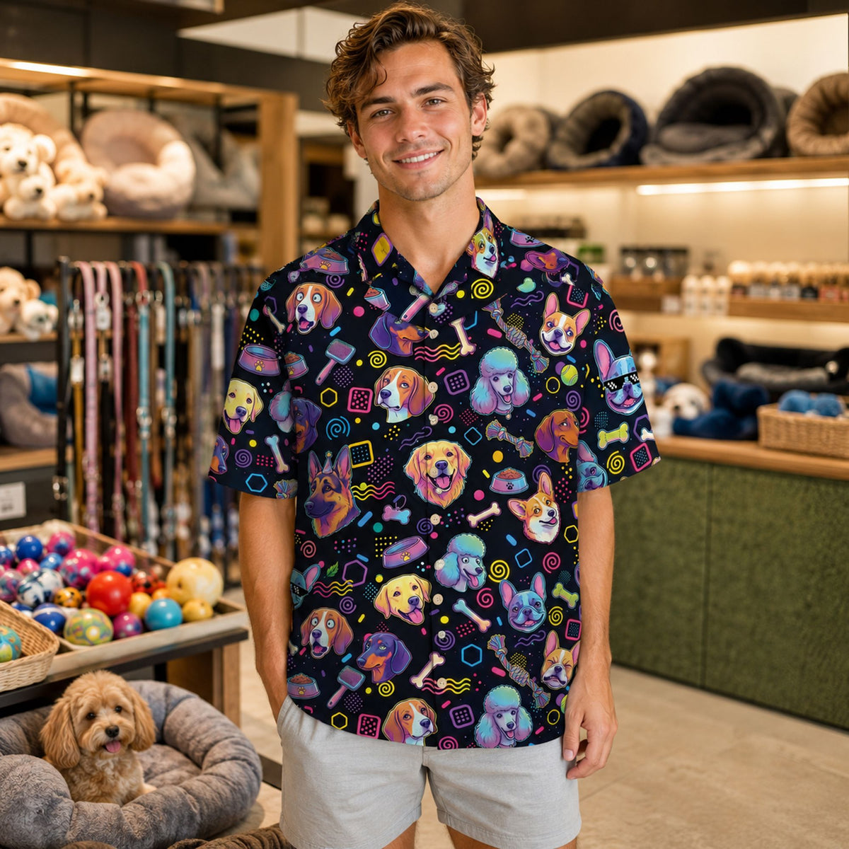 Second lifestyle view of someone styling the dogs hawaiian shirt for summer