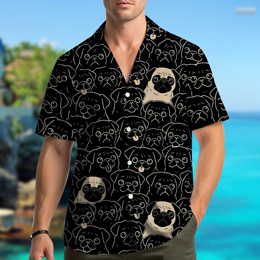 Another lifestyle view showing the comfortable fit of the pug hawaiian shirt