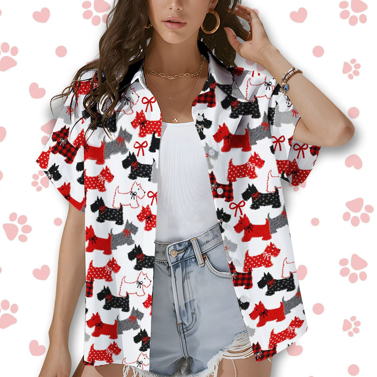 Second lifestyle view of individuals wearing the Scottish Terrier pattern hawaiian shirts