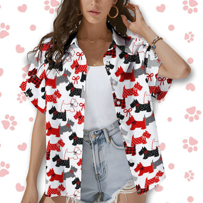 Second lifestyle view of individuals wearing the Scottish Terrier pattern hawaiian shirts