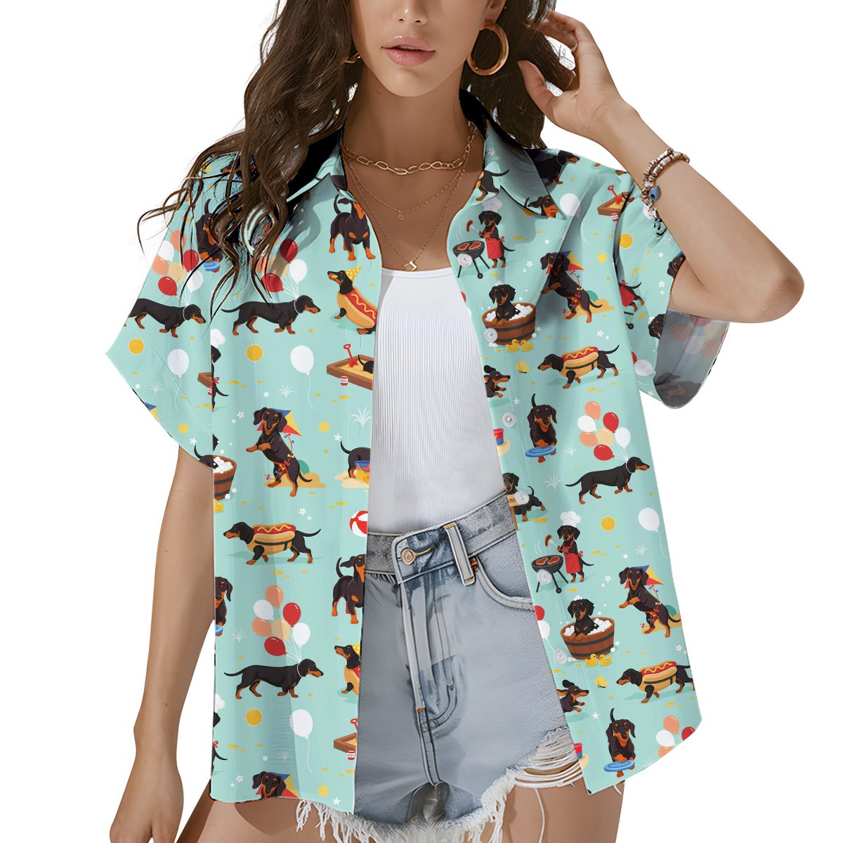 Second lifestyle view of people wearing the light blue dachshund dogs hawaiian shirt