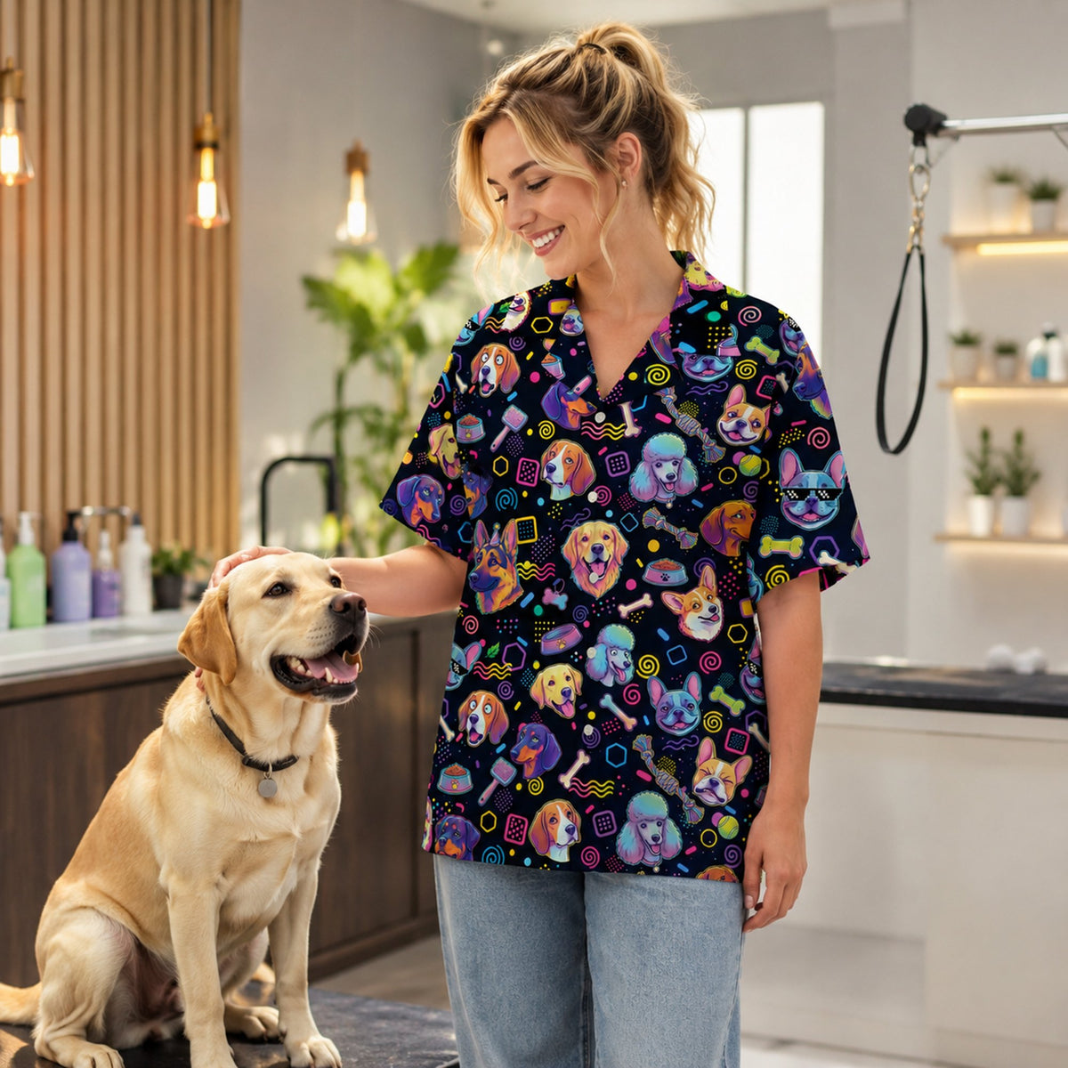 Third lifestyle view showing the comfortable fit of the matching family dog shirt