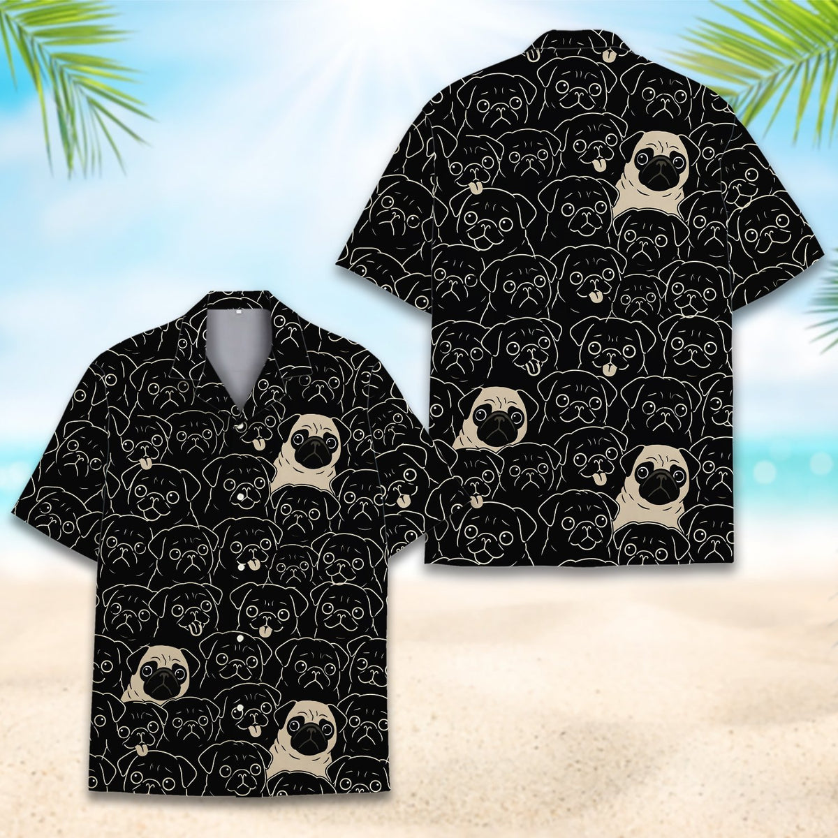 Lifestyle shot displaying the all-over pug print of the family hawaiian shirt