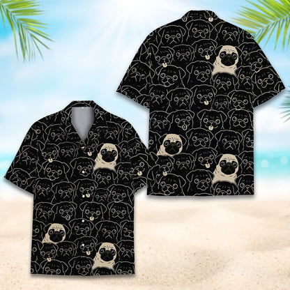 Lifestyle shot displaying the all-over pug print of the family hawaiian shirt