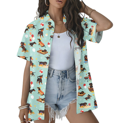 Third lifestyle view of people wearing the light blue dachshund dogs hawaiian shirt