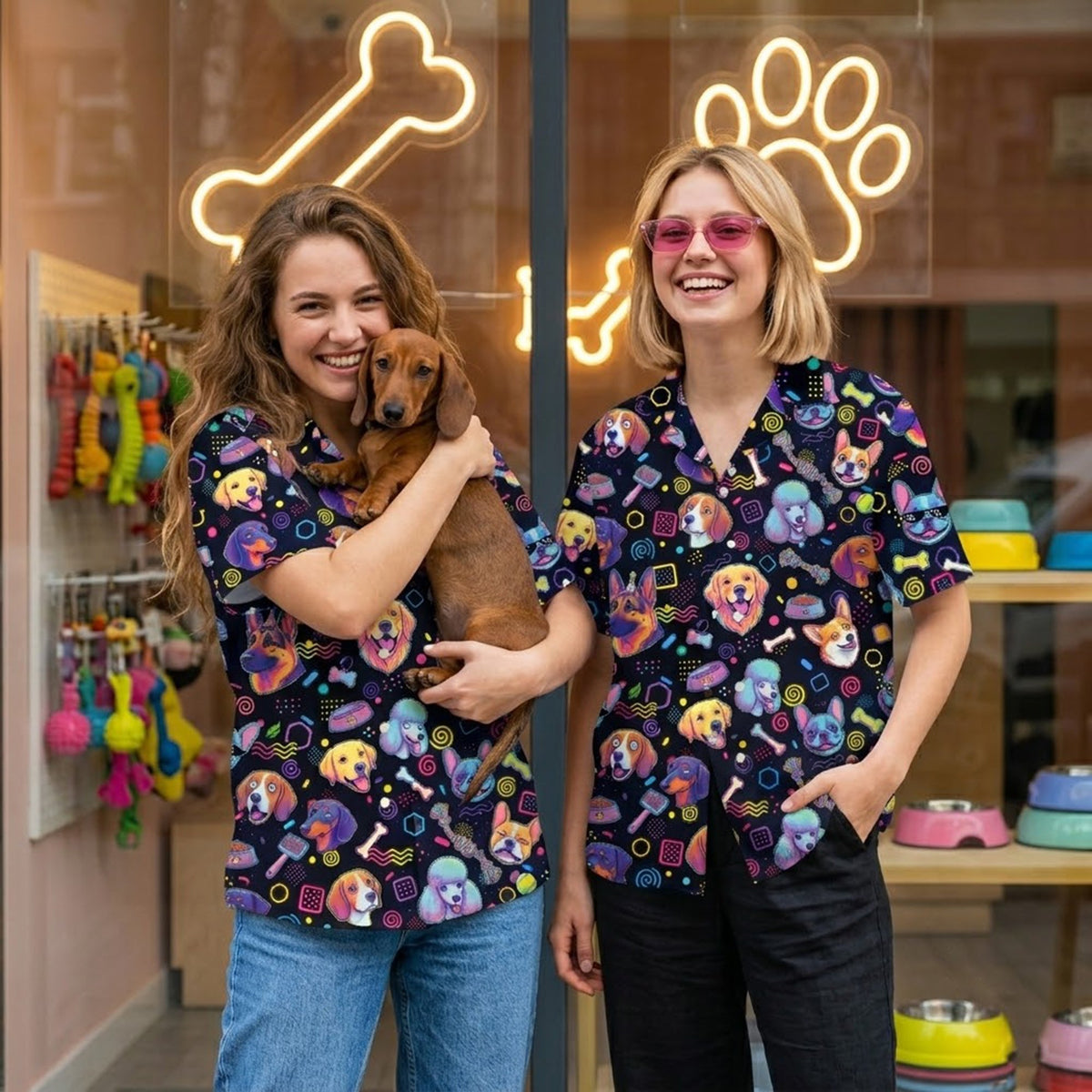 Fourth lifestyle view highlighting the vibrant colors of the 80s dog hawaiian top