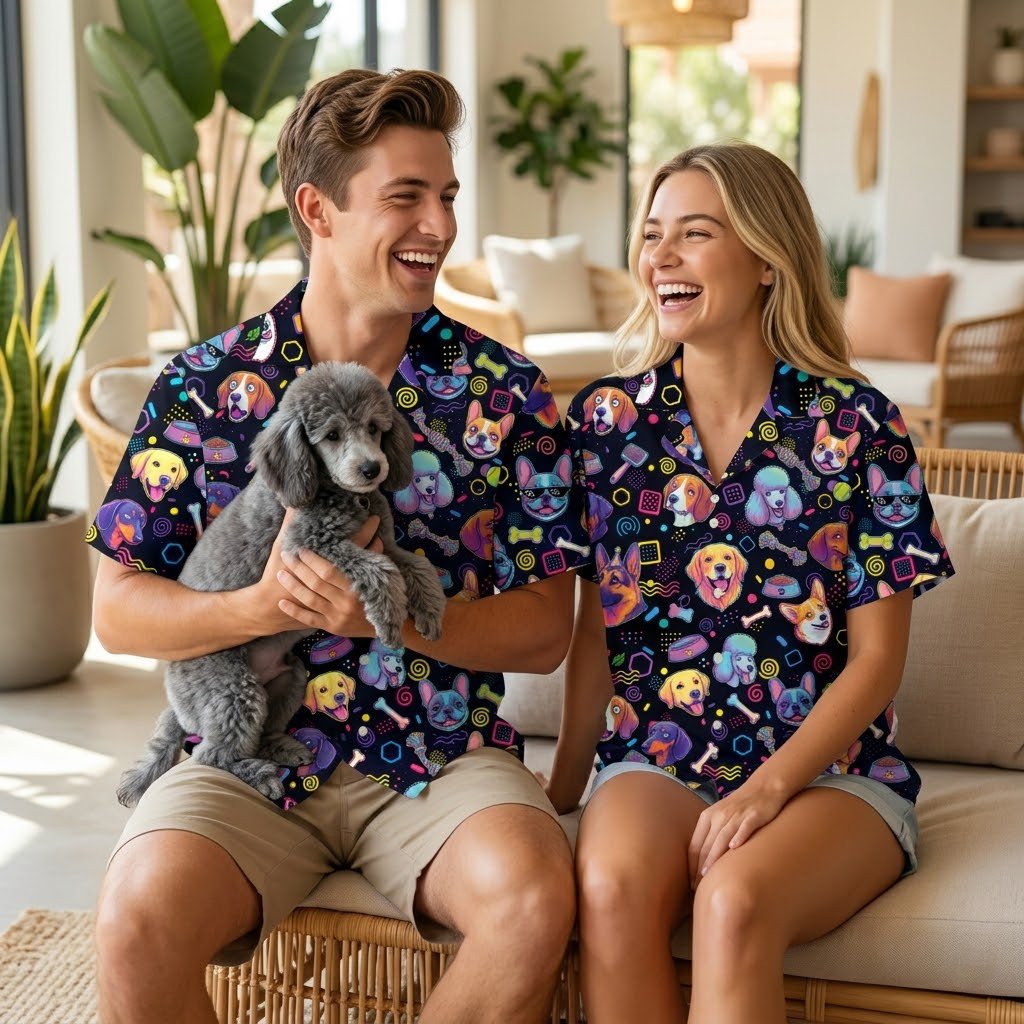Fifth lifestyle view of the dog pattern hawaiian shirt worn casually