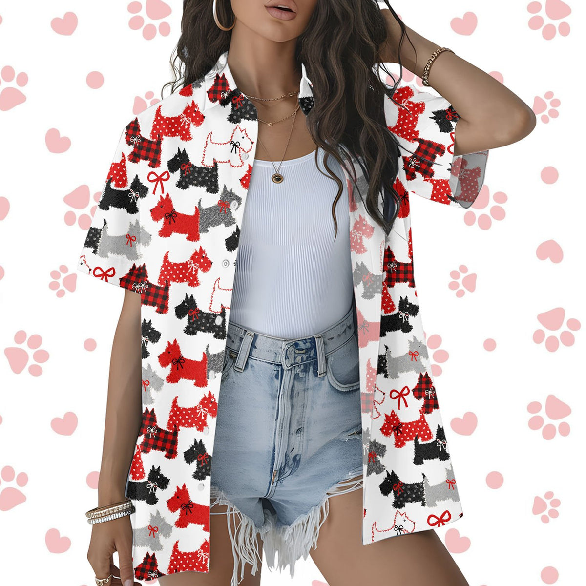 Fifth lifestyle view highlighting the playful Scottish Terrier design on the shirts
