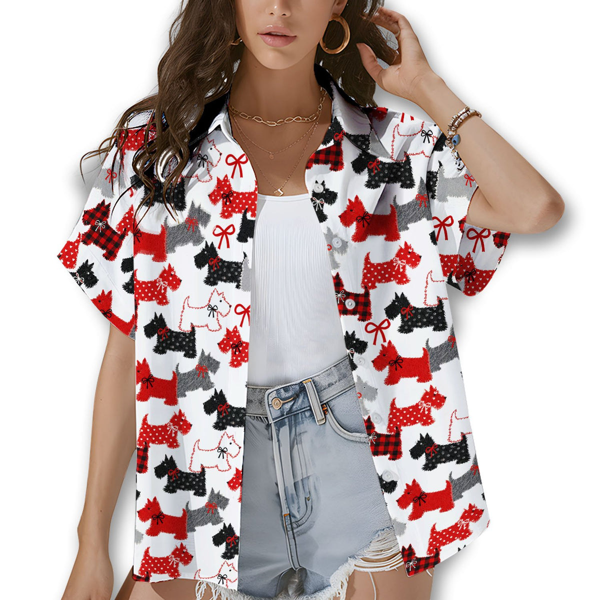 Lifestyle view of people wearing the matching family hawaiian shirts with dogs pattern