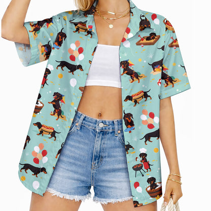 Lifestyle view of people wearing the light blue dachshund dogs hawaiian shirt