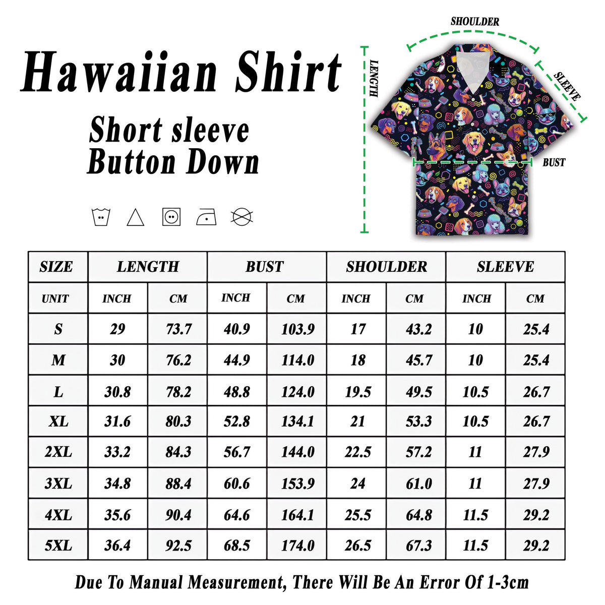 Detailed view of the button-down front and collar of the dogs hawaiian shirt