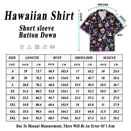 Detailed view of the button-down front and collar of the dogs hawaiian shirt
