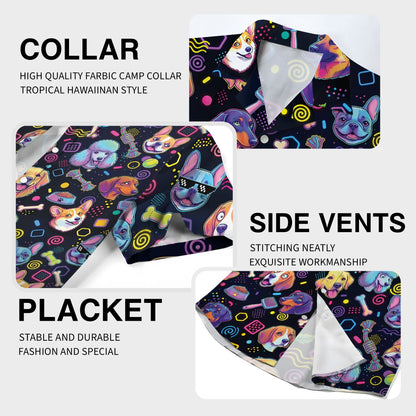 Detailed view showing the hem and lower print of the 80s dog pattern shirt