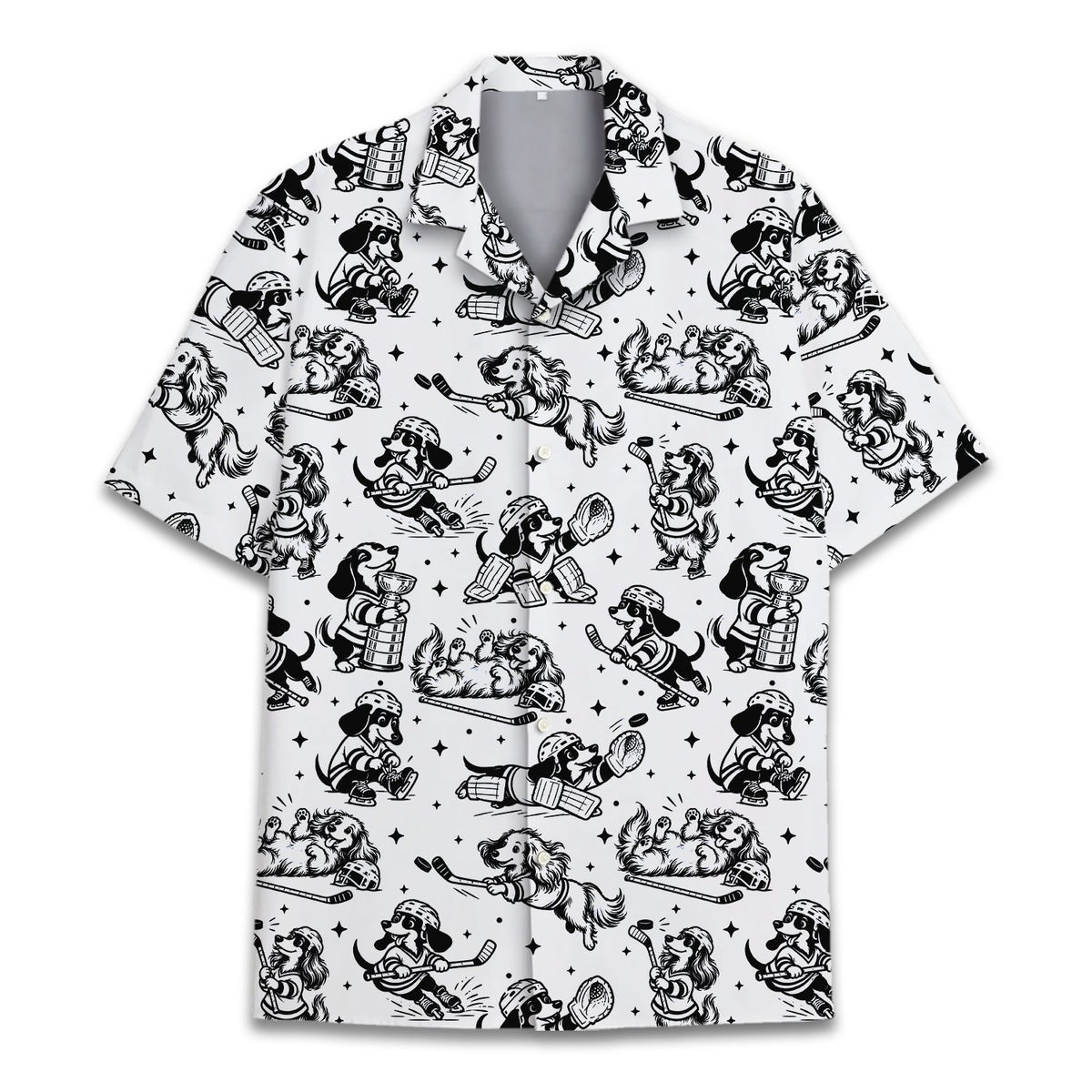 Alternate front view of the dogs playing hockey matching family Hawaiian shirt