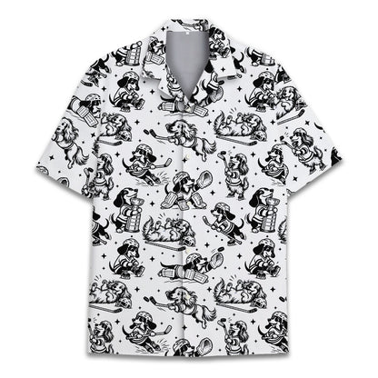 Alternate front view of the dogs playing hockey matching family Hawaiian shirt