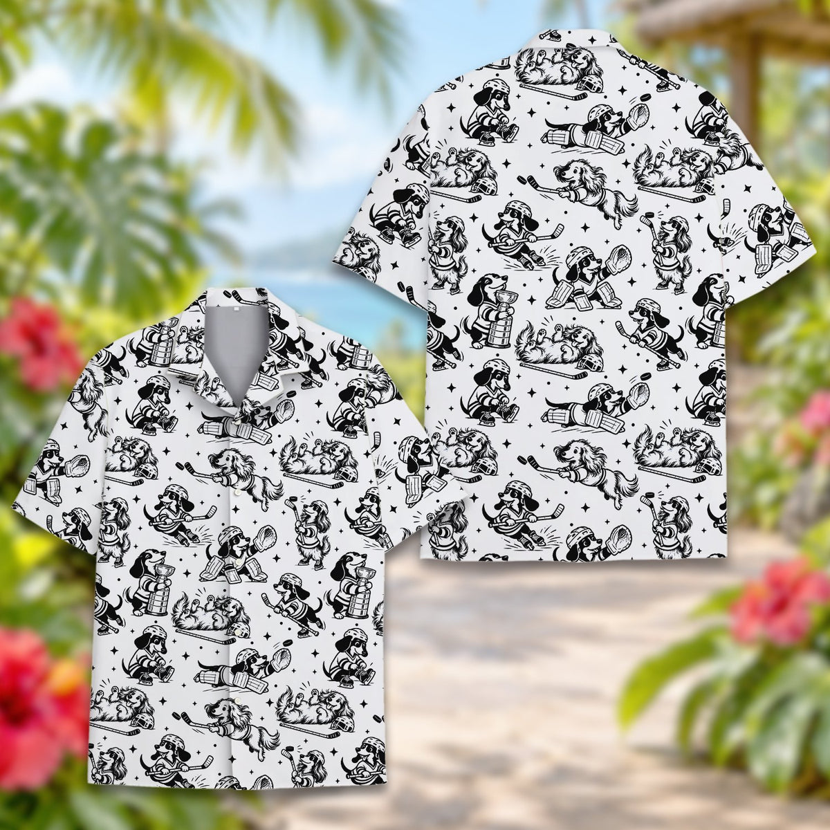 Close up front view of the hockey playing dogs pattern on the Hawaiian shirt
