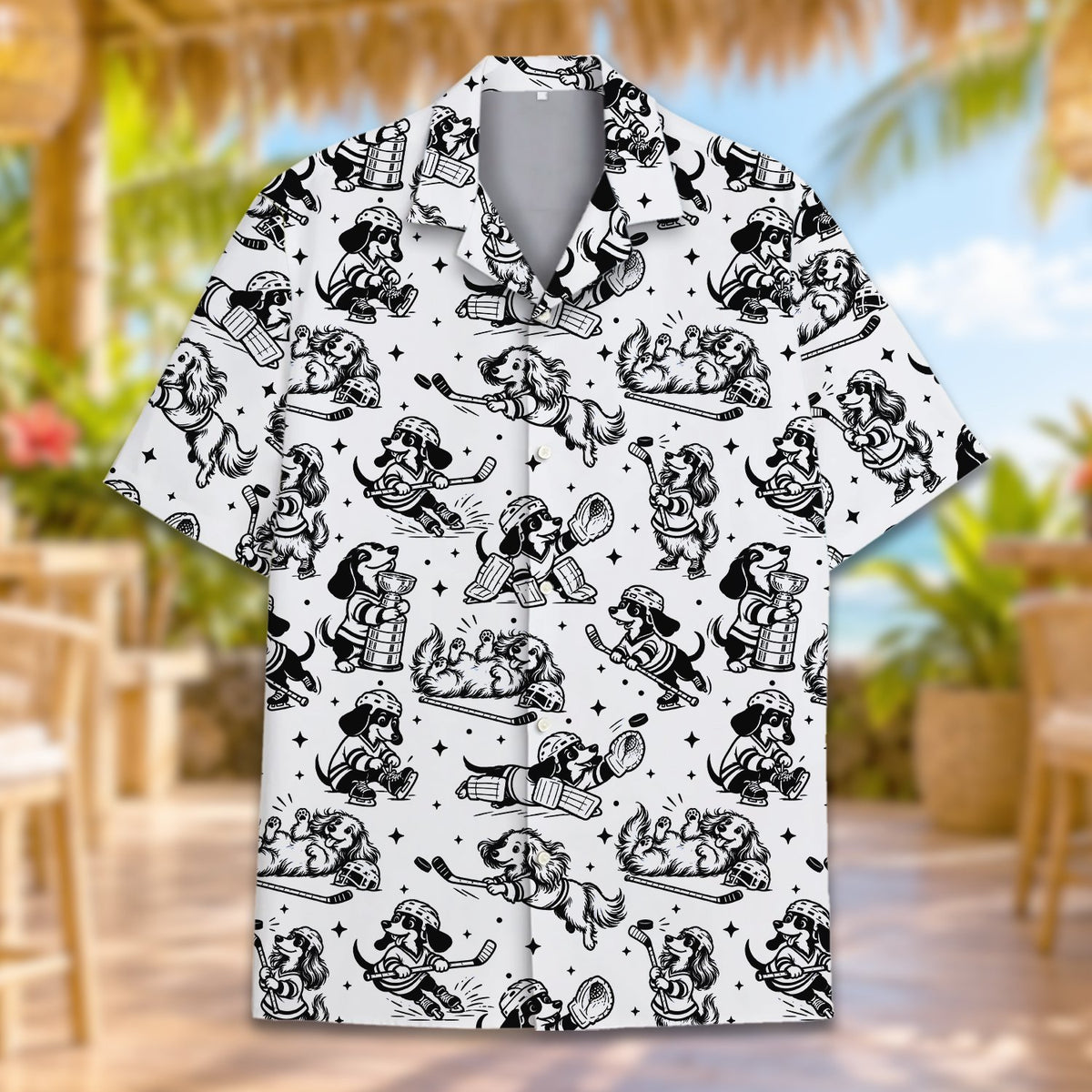 Detailed front view of the collar and buttons on the dogs playing hockey Hawaiian shirt