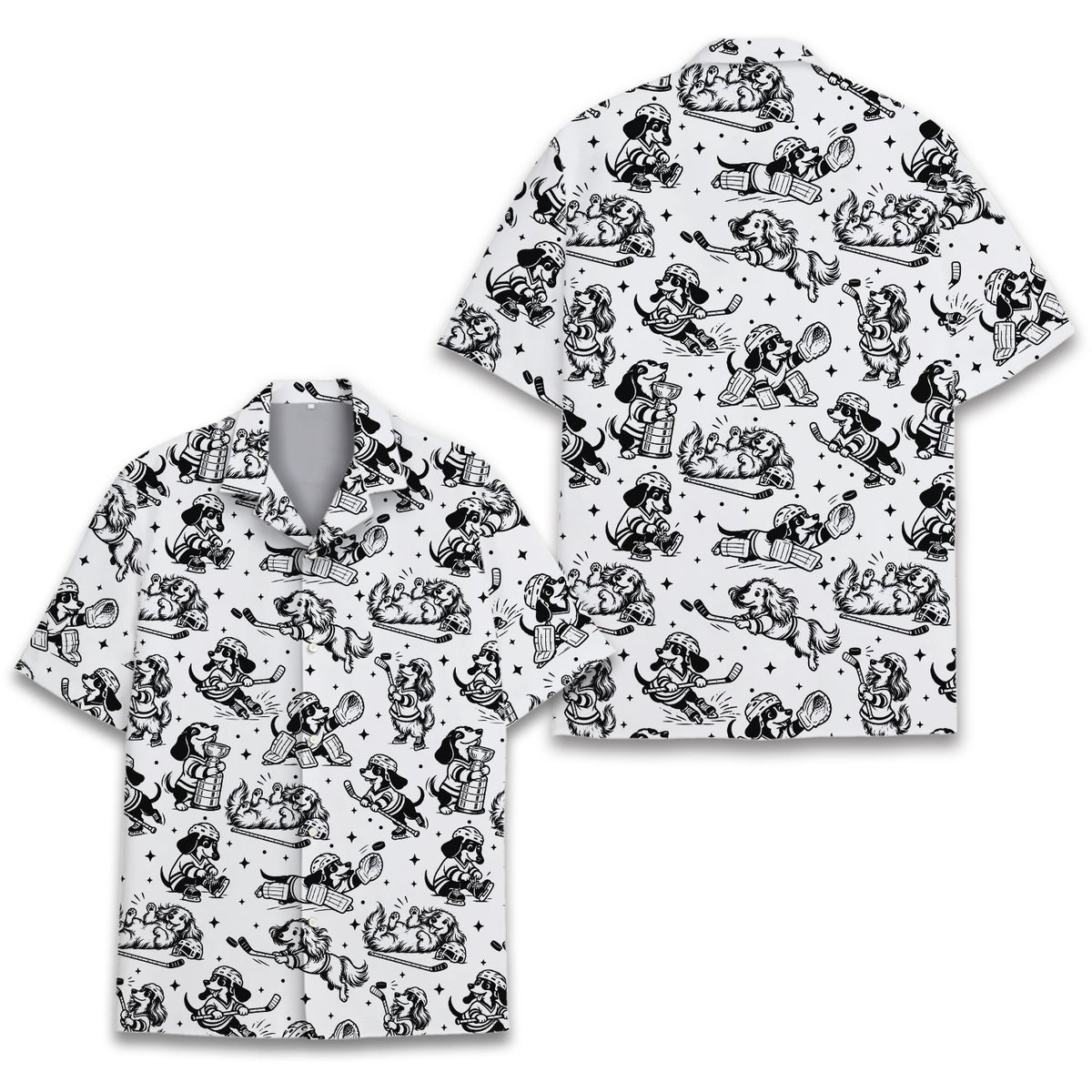 Lower front detail of the dogs playing hockey matching family Hawaiian shirt